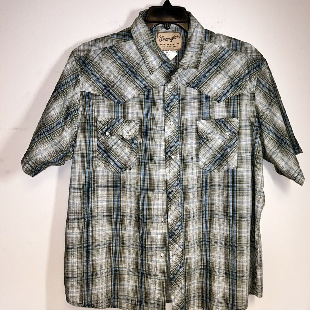 Mens Western Shirt XL Wrangler Pearl Snap Plaid Short Sleeve Green white